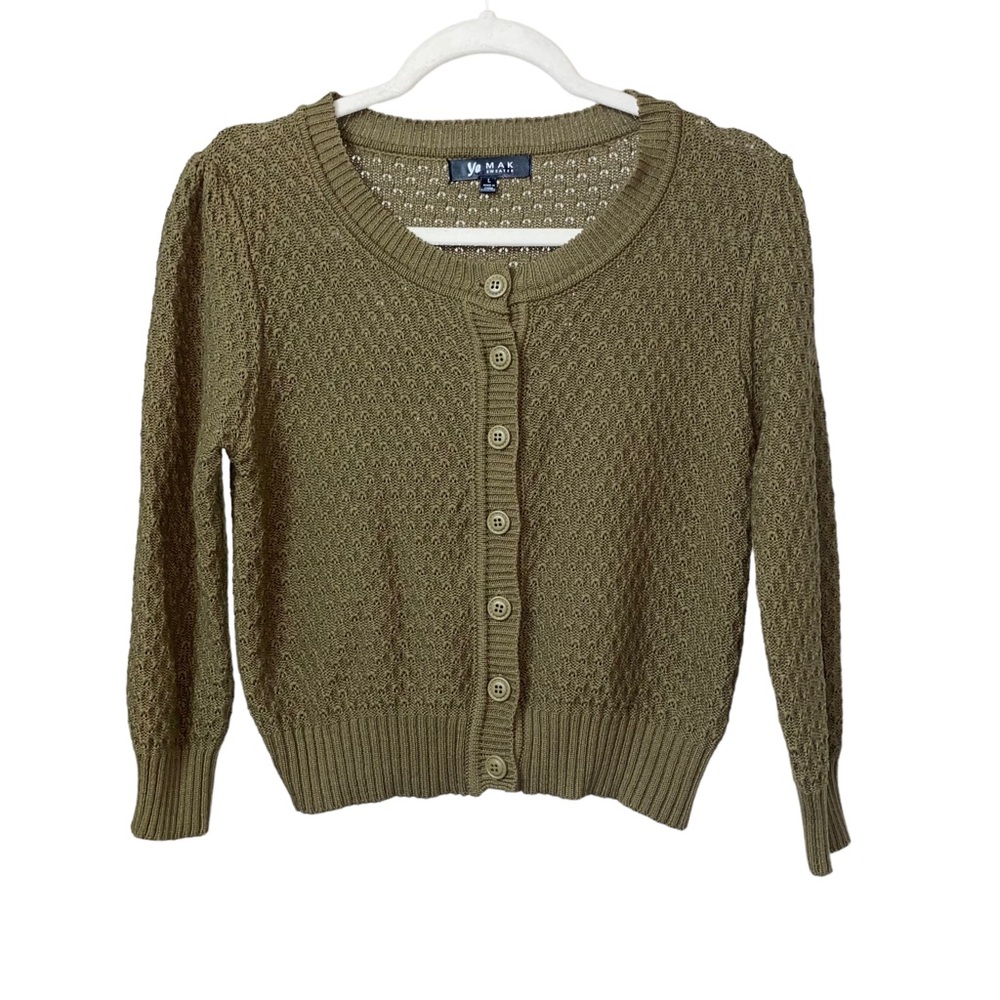 Ye Mak fall olive green button up cottage knit cardigan sweater size Large